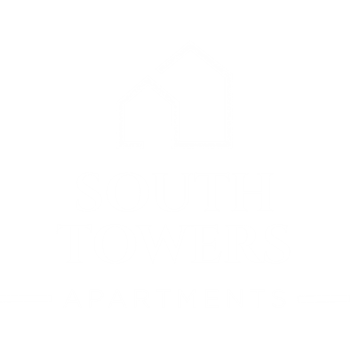 A logo for South Towers Apartments featuring a white house shape on a green background.